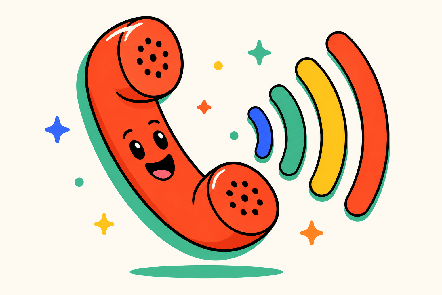A happy phone with sound waves — calls answered